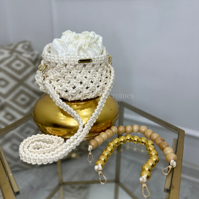 Ecru Macrame Beaded Hand & Crossbody Bag