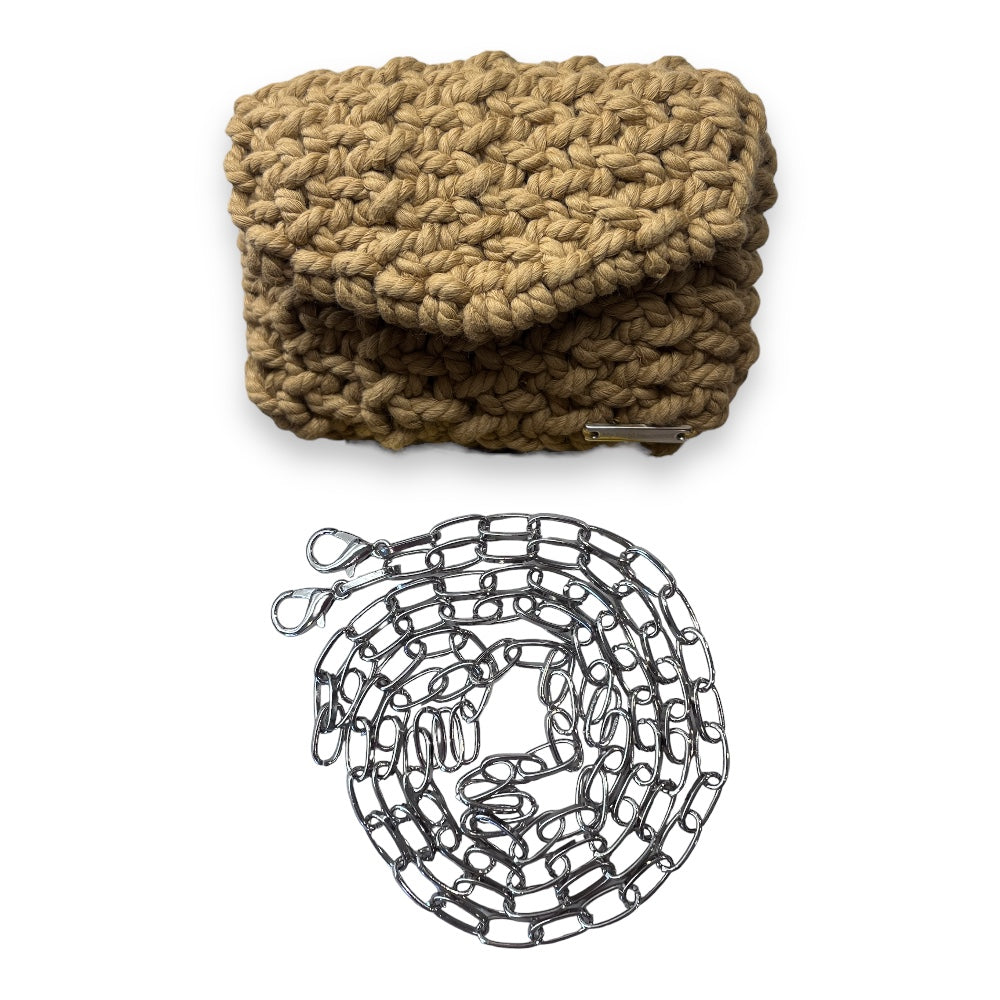 Warm Caramel Mini Clutch Bag – Handmade Knit Crossbody Wallet