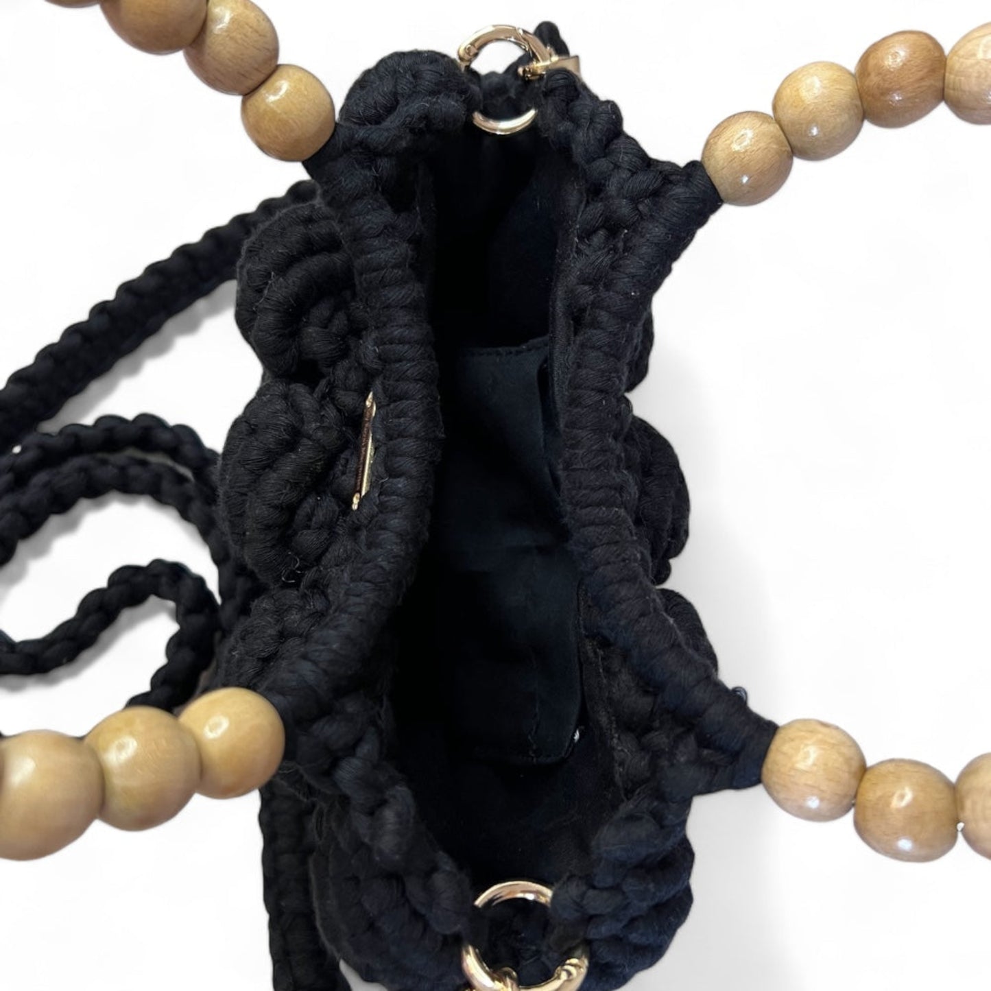 Classic Black Beaded Handle Macrame Bag