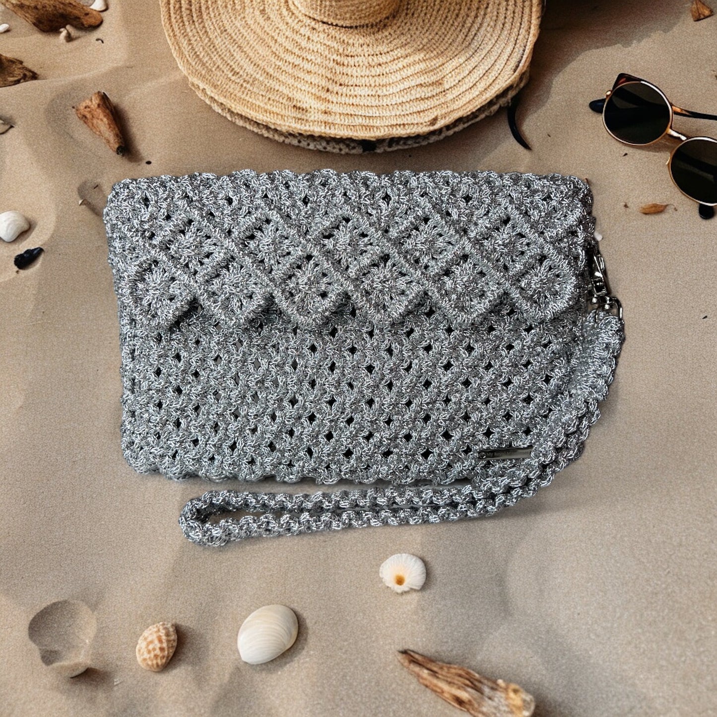 Silver Baklava Model Macrame Clutch Bag
