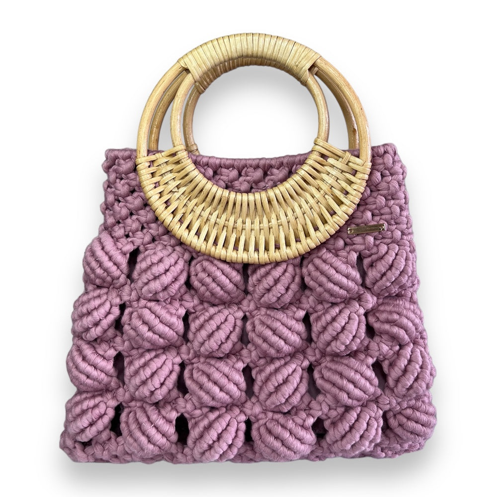 Borsa a mano e a spalla in macramè modello conchiglia con manico in bambù Dusty Rose