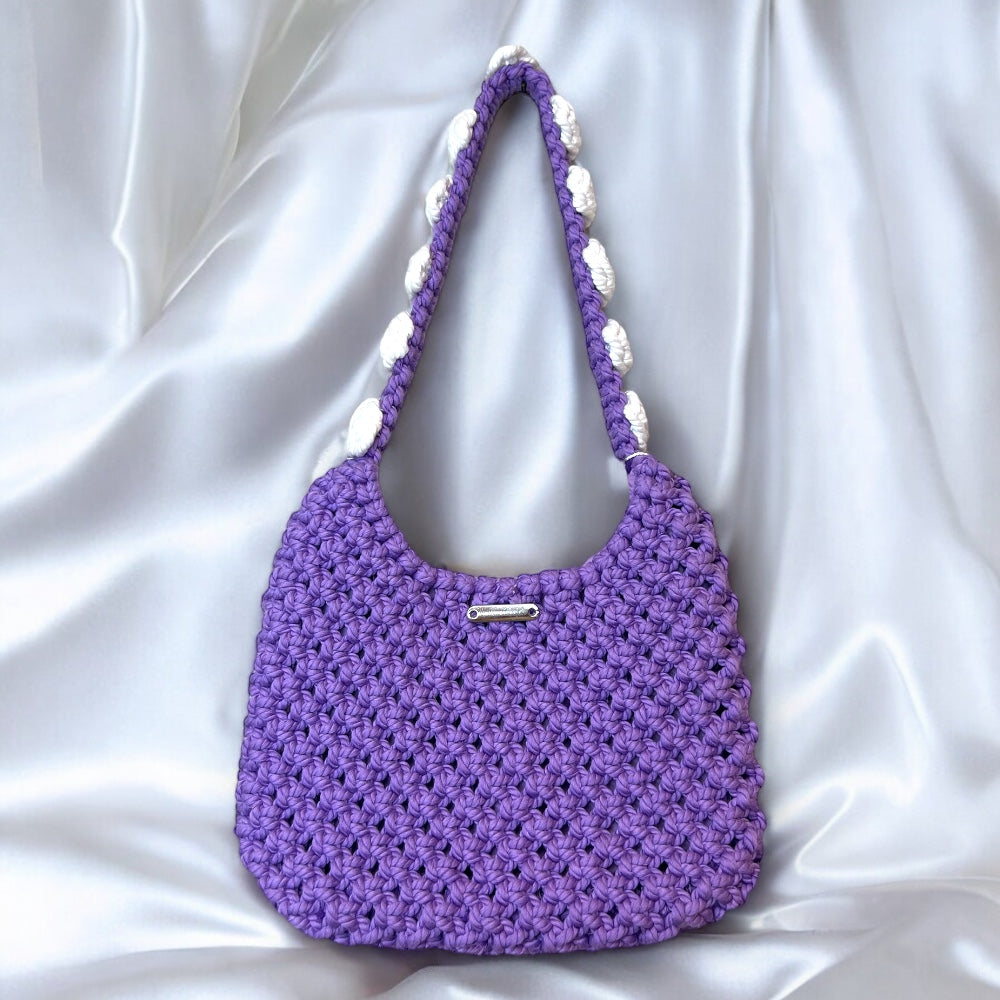 Lavander & White Macrame Flower Detail Half Moon Bag