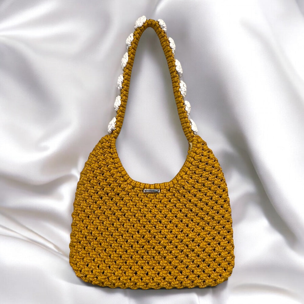 Mustard & Ecru Flowered Half Moon Bag