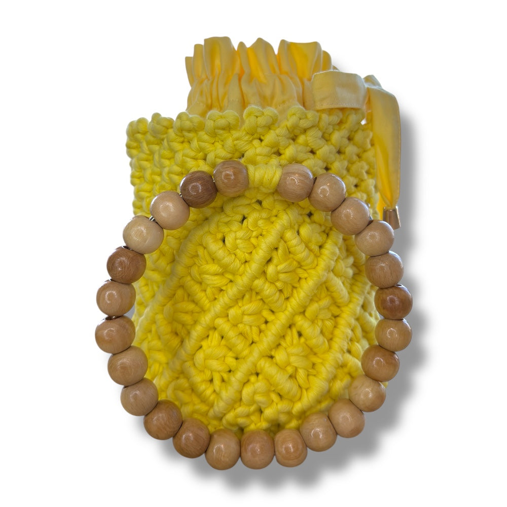 Yellow Bucket Model Macrame Beaded Handbag