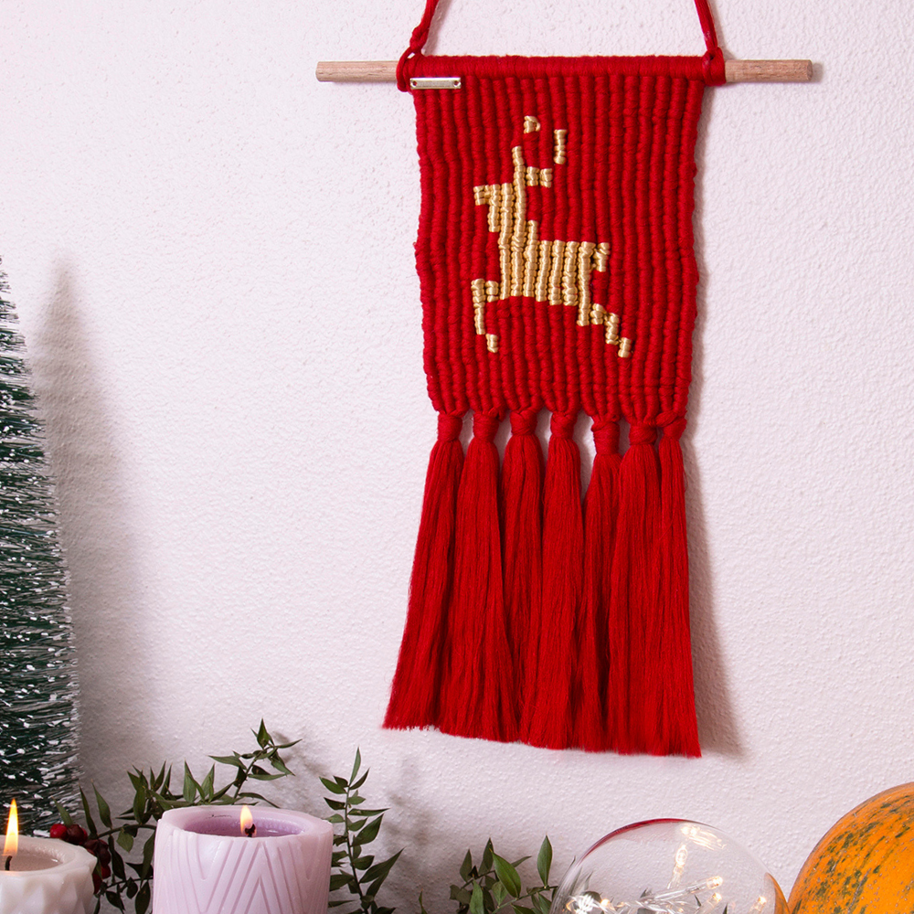 Flossie Deer Red Christmas Macrame Wall Decor