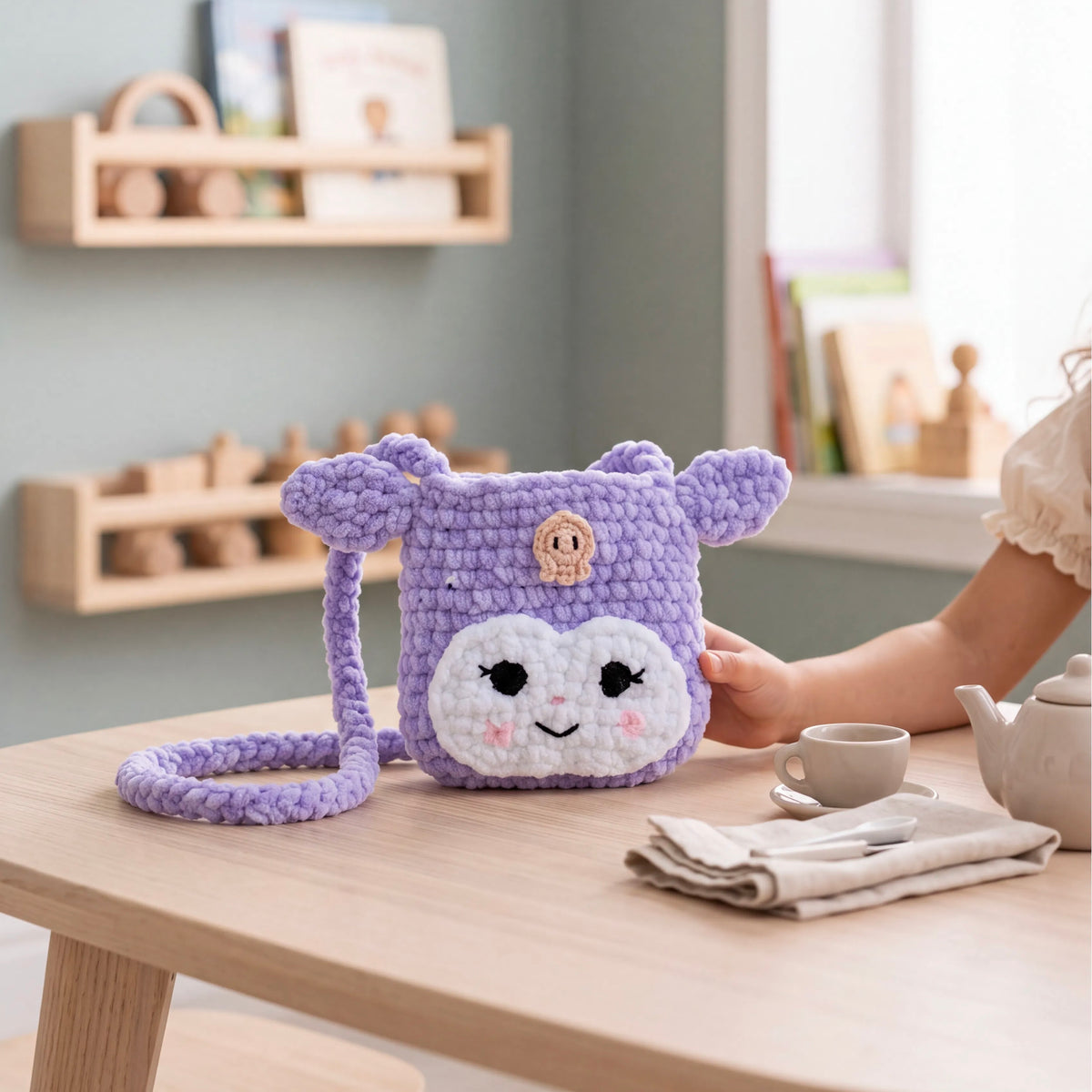 Handmade Kuromi Crochet Crossbody Bag for Kids – Lilac