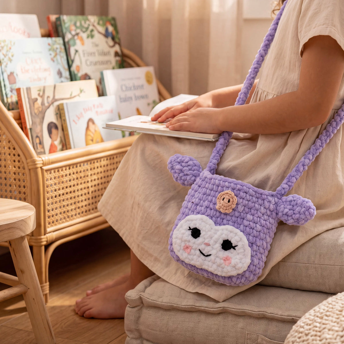 Handmade Kuromi Crochet Crossbody Bag for Kids – Lilac