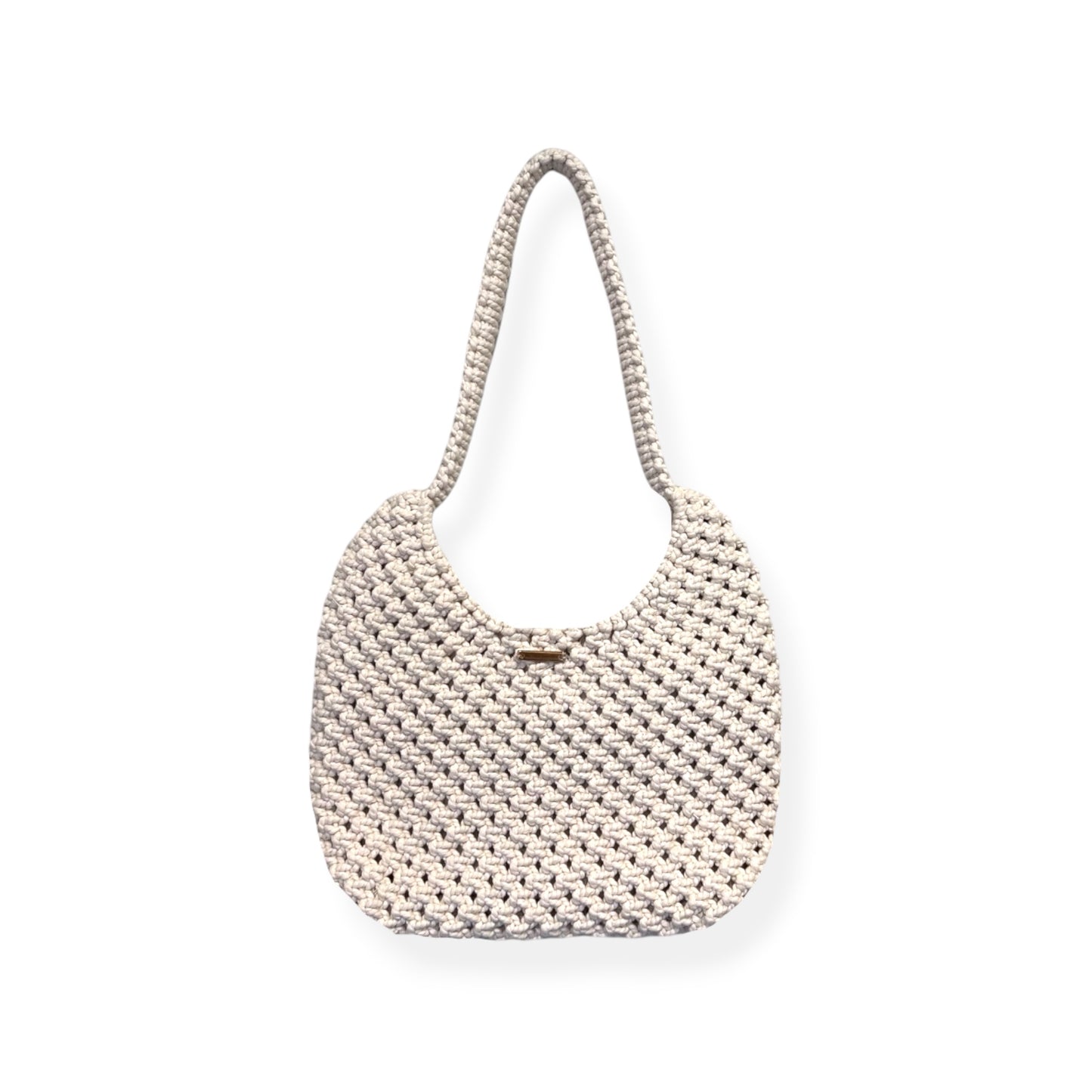 Beige macrame shoulder bag with handwoven texture on clean background