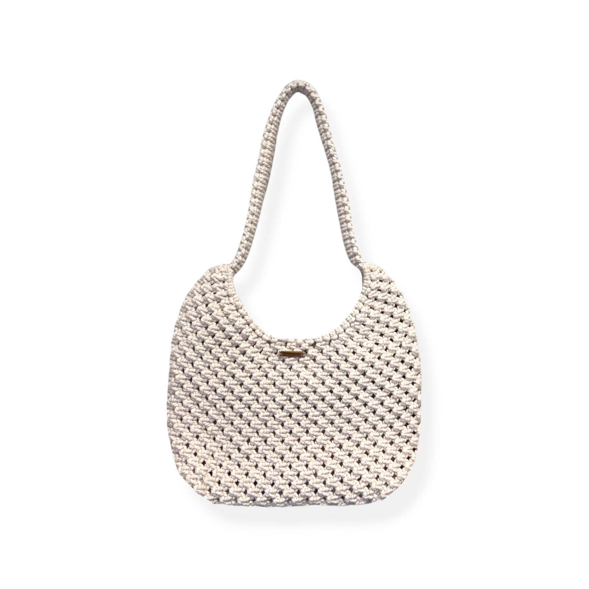 Beige macrame shoulder bag with handwoven texture on clean background