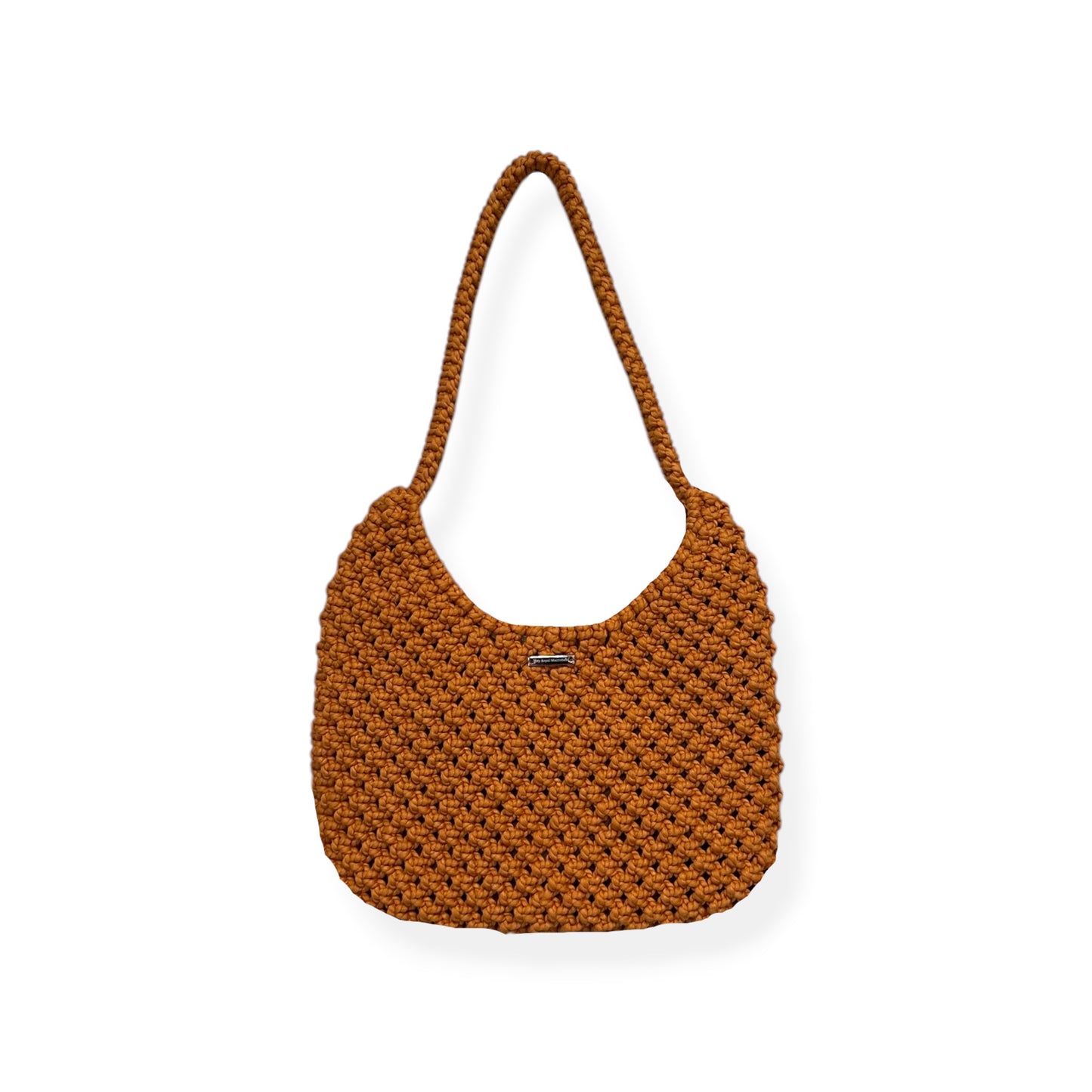 Burnt orange handmade half moon bag with woven texture and structured shoulder strap on clean background