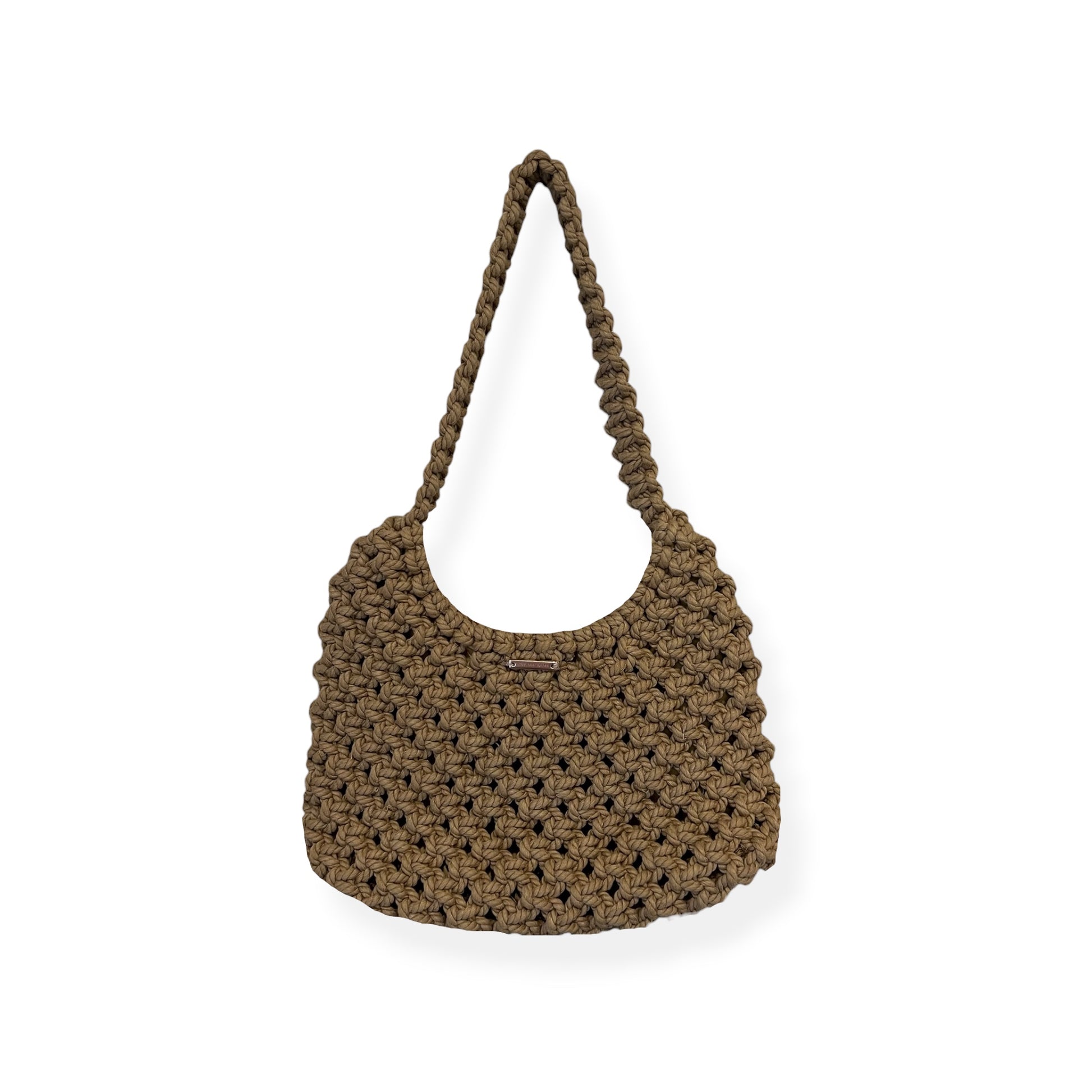 Handmade macrame half moon shoulder bag in caramel brown color with textured woven design