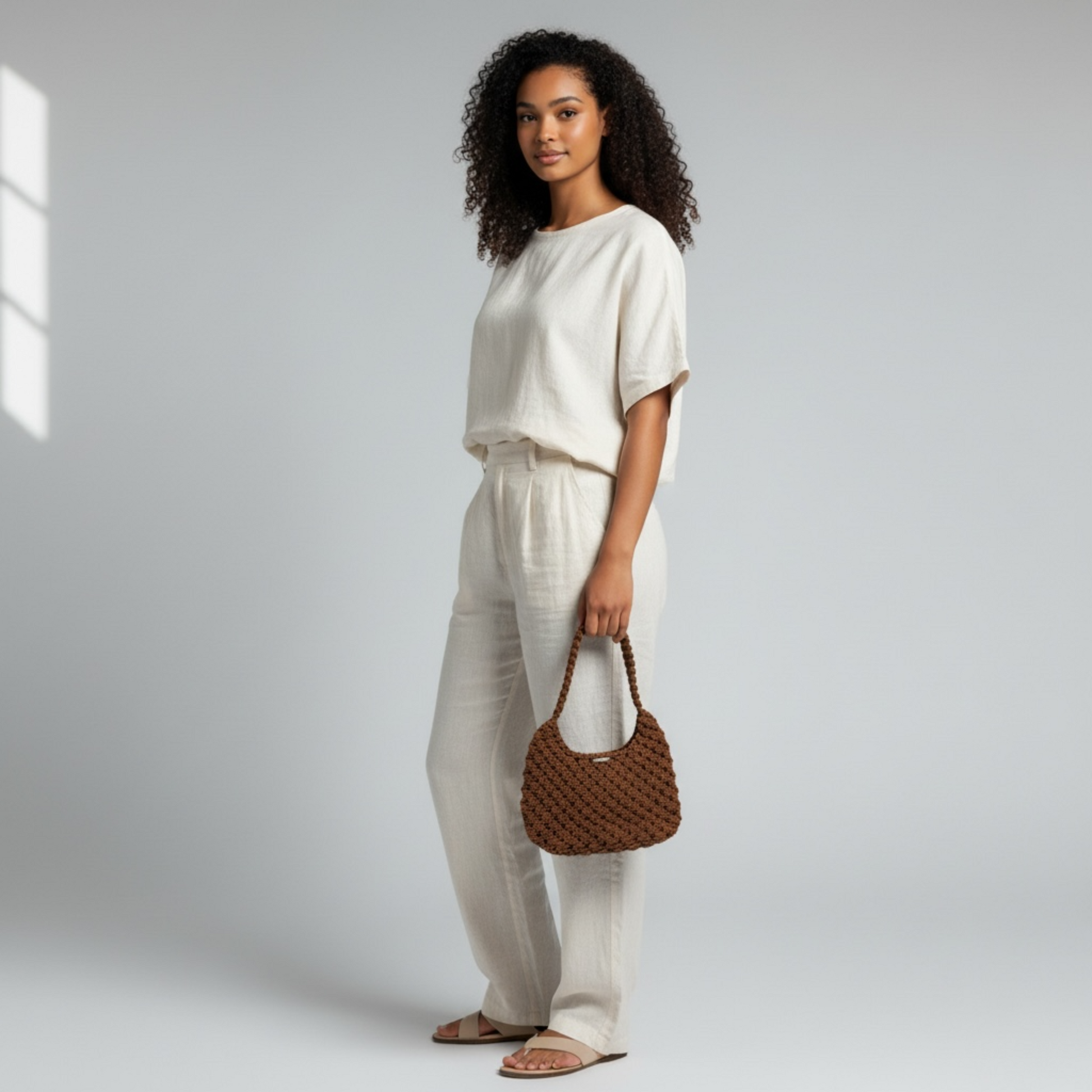 Woman holding cocoa brown macrame handbag casual chic outfit neutral tones everyday style bag