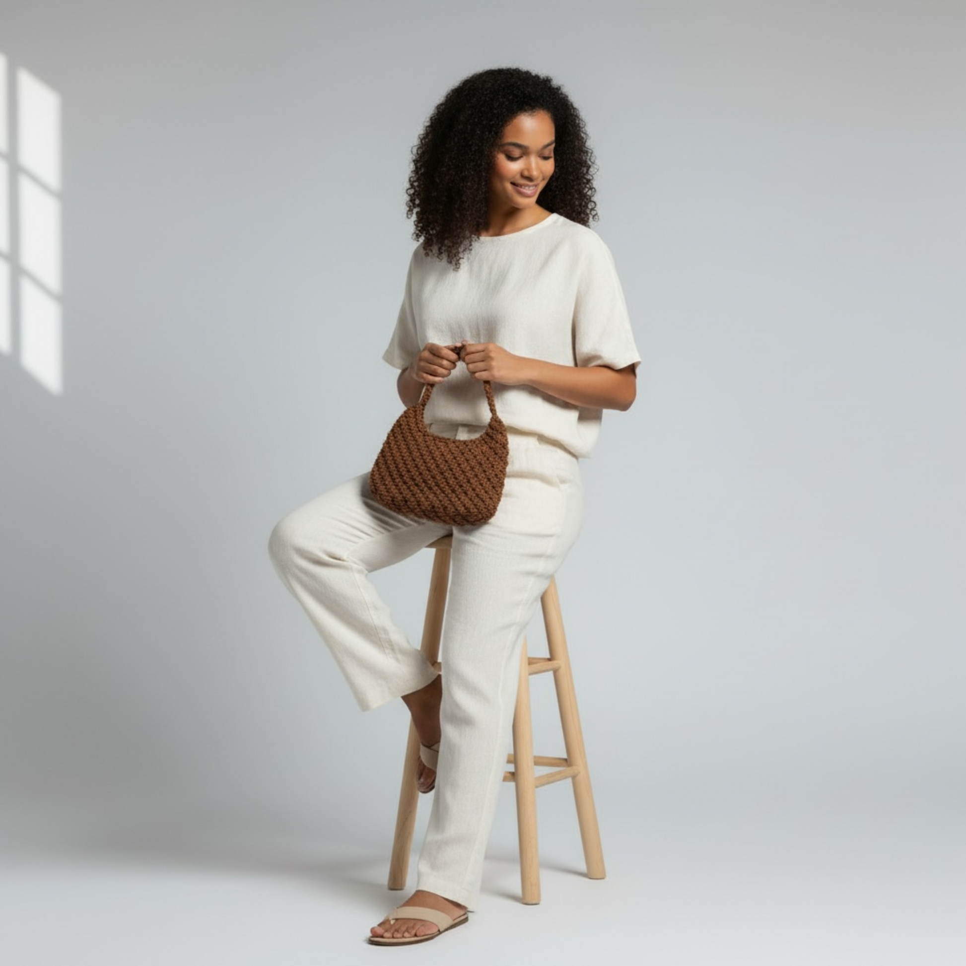 Close view cocoa brown macrame handbag soft textured knit purse handmade luxury casual bag