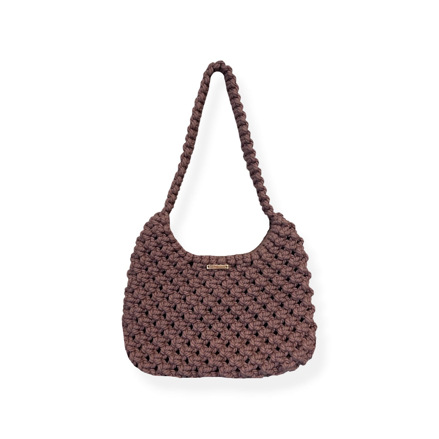 Dusty cocoa macrame shoulder bag with handwoven texture on white background