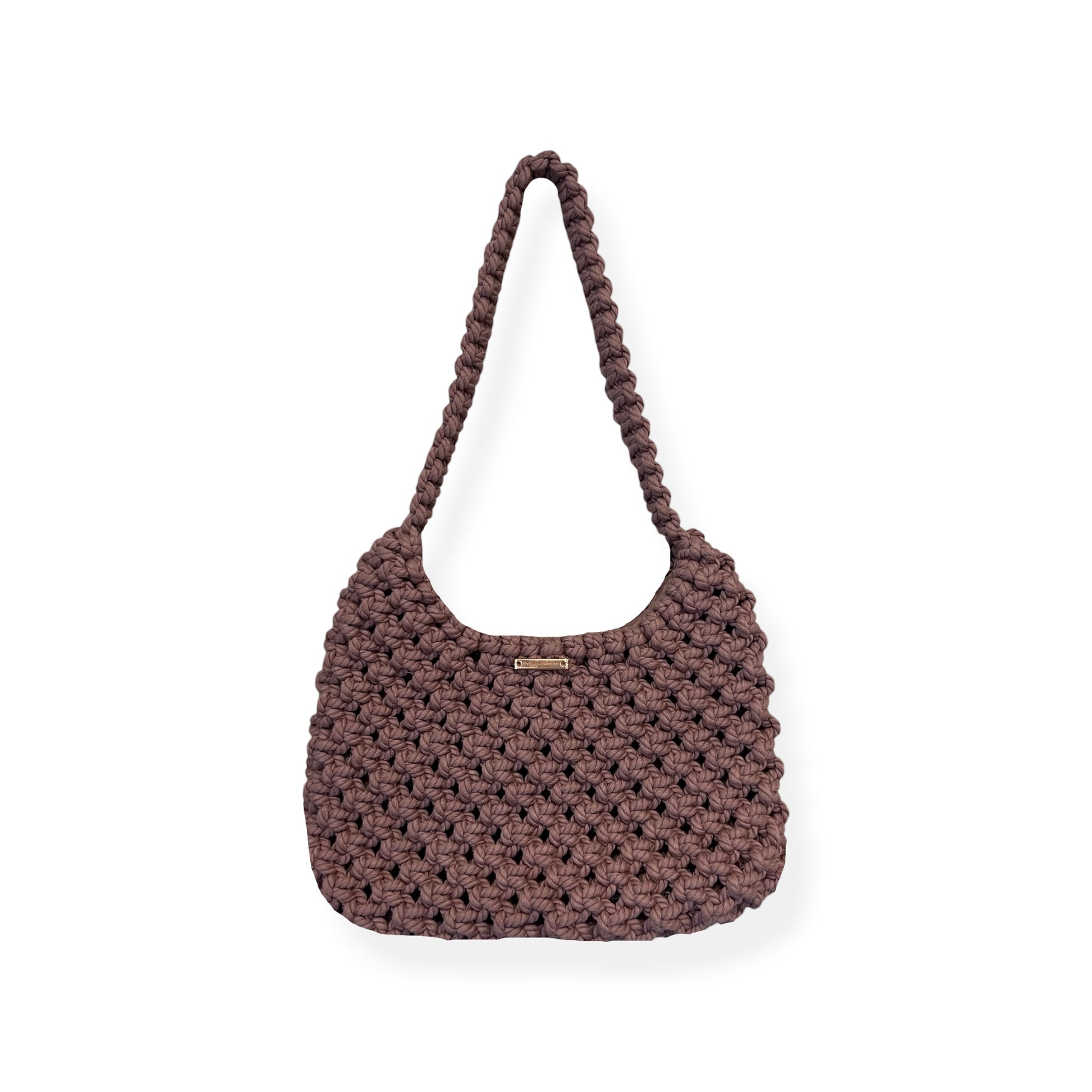 Dusty cocoa macrame shoulder bag with handwoven texture on white background