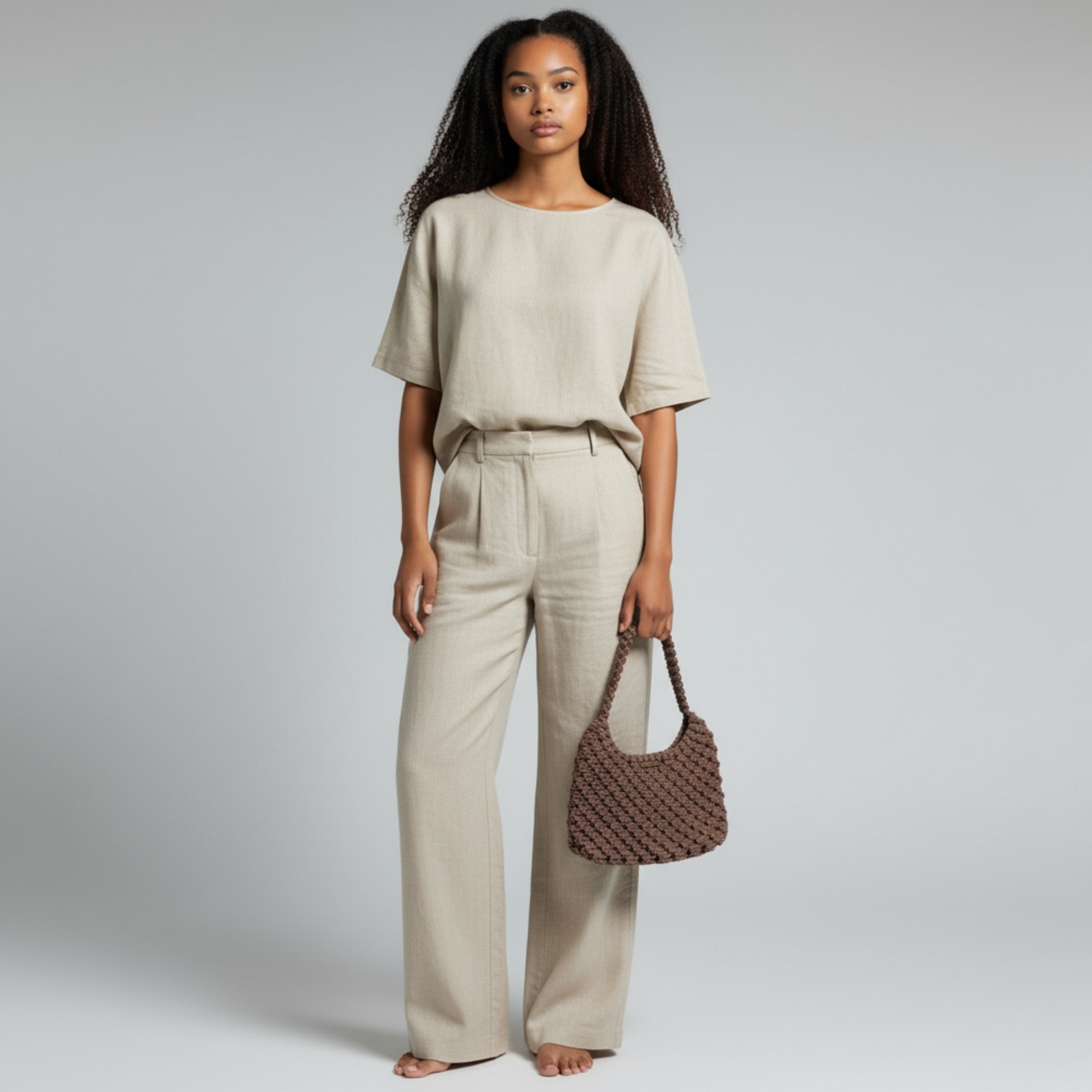 Woman holding dusty cocoa macrame bag with neutral outfit, minimalist style