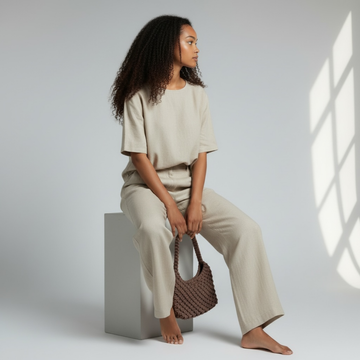 Dusty cocoa macrame bag carried by woman in minimal everyday outfit