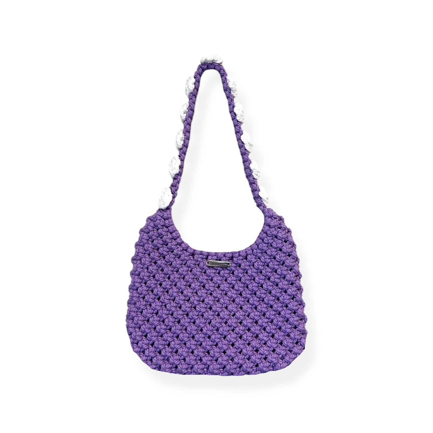 Dusty lavender crochet half moon bag with floral strap, handmade textured shoulder bag