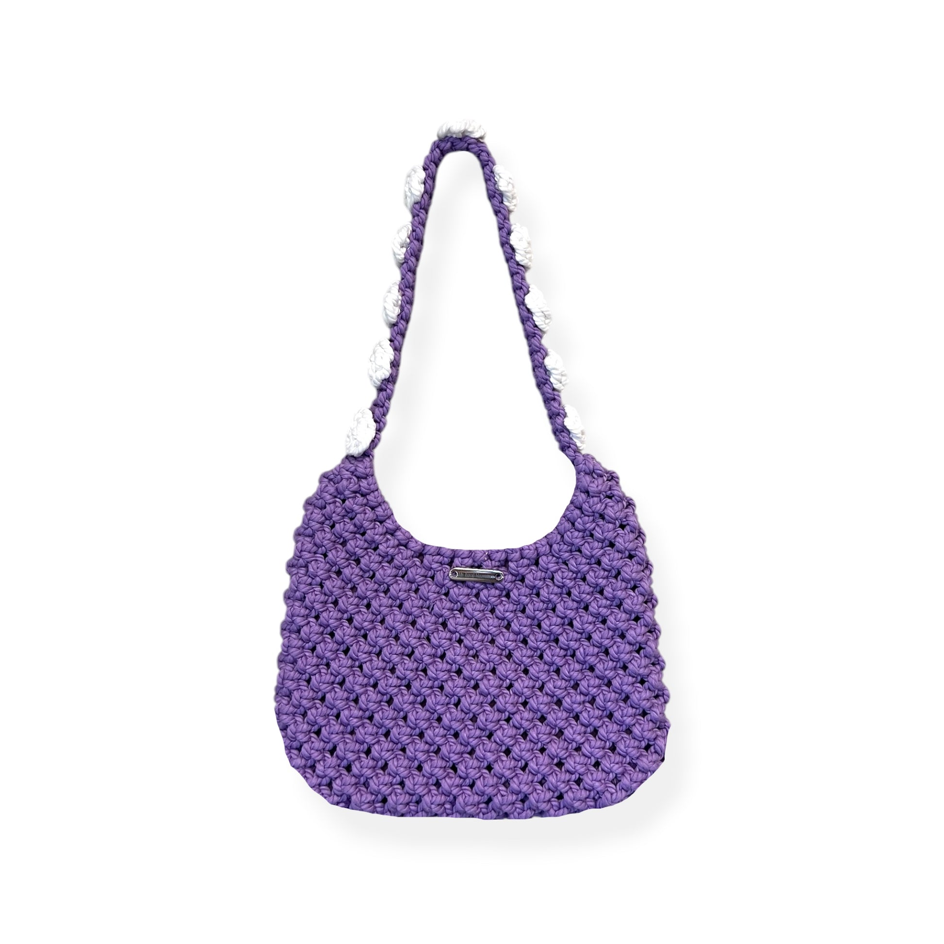 Dusty lavender crochet half moon bag with floral strap, handmade textured shoulder bag