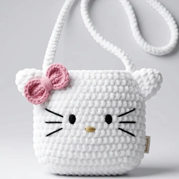 Front view of a white Hello Kitty crochet bag with a pink bow, black whiskers and a white shoulder strap.