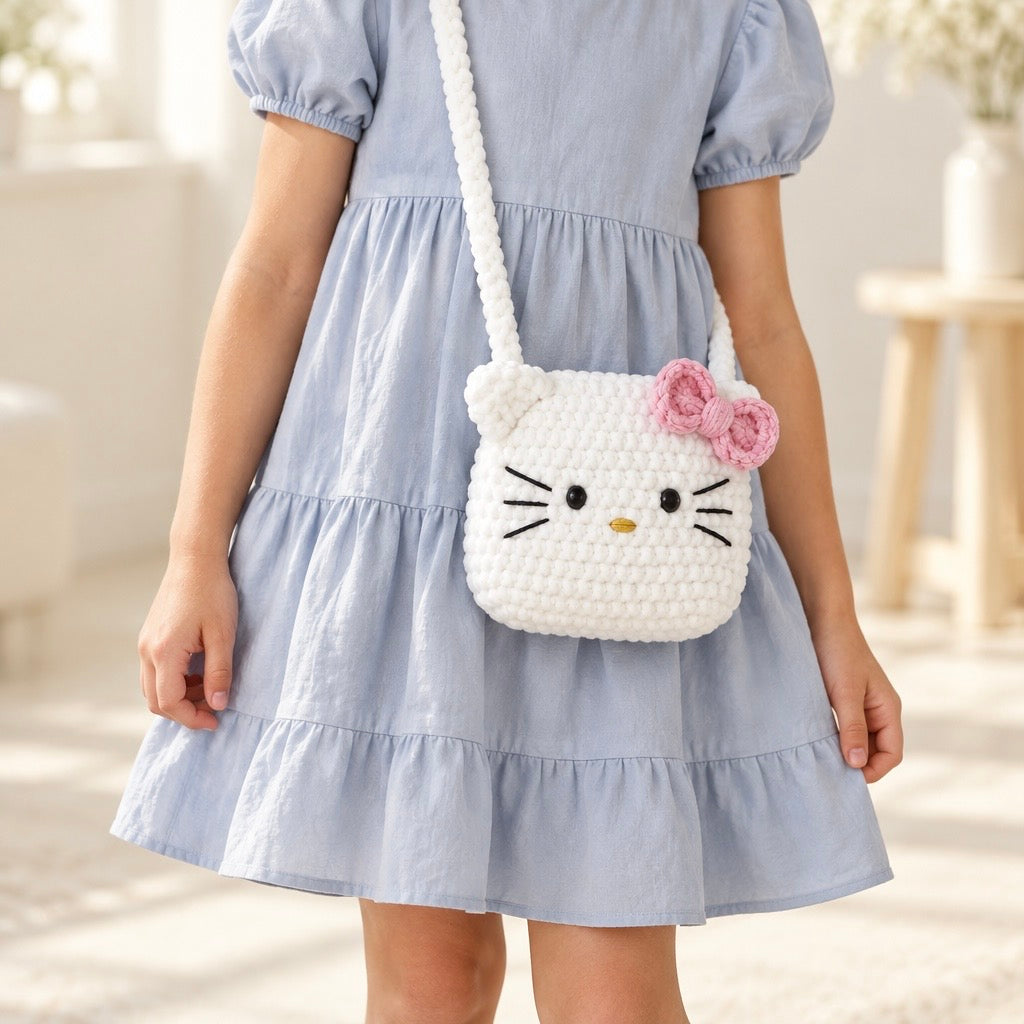 White Hello Kitty crochet crossbody bag with a pink bow worn by a child in a light blue dress.