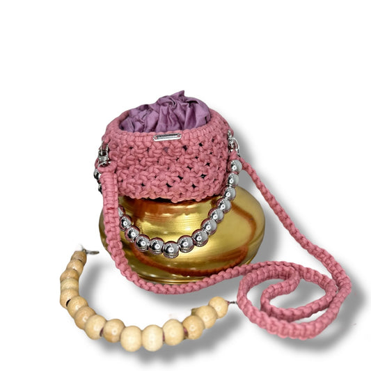 Dusty Rose Macrame Beaded Hand & Crossbody Bag