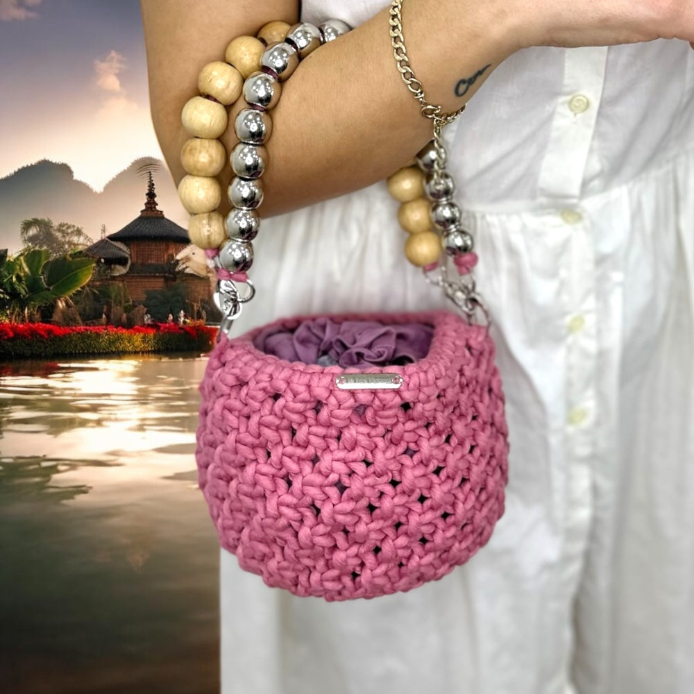 Dusty Rose Macrame Beaded Hand & Crossbody Bag