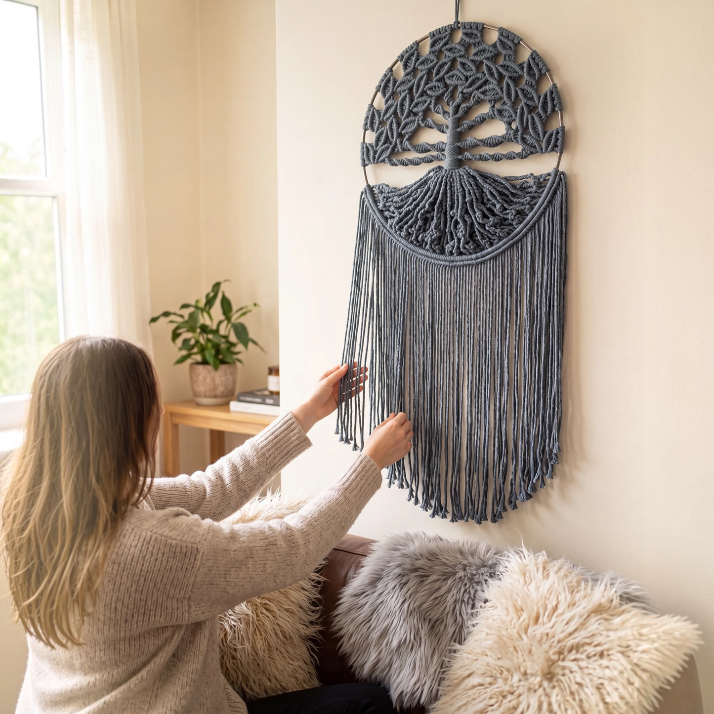 Tree of Life Macrame Wall Hanging – Pastel Denim Blue