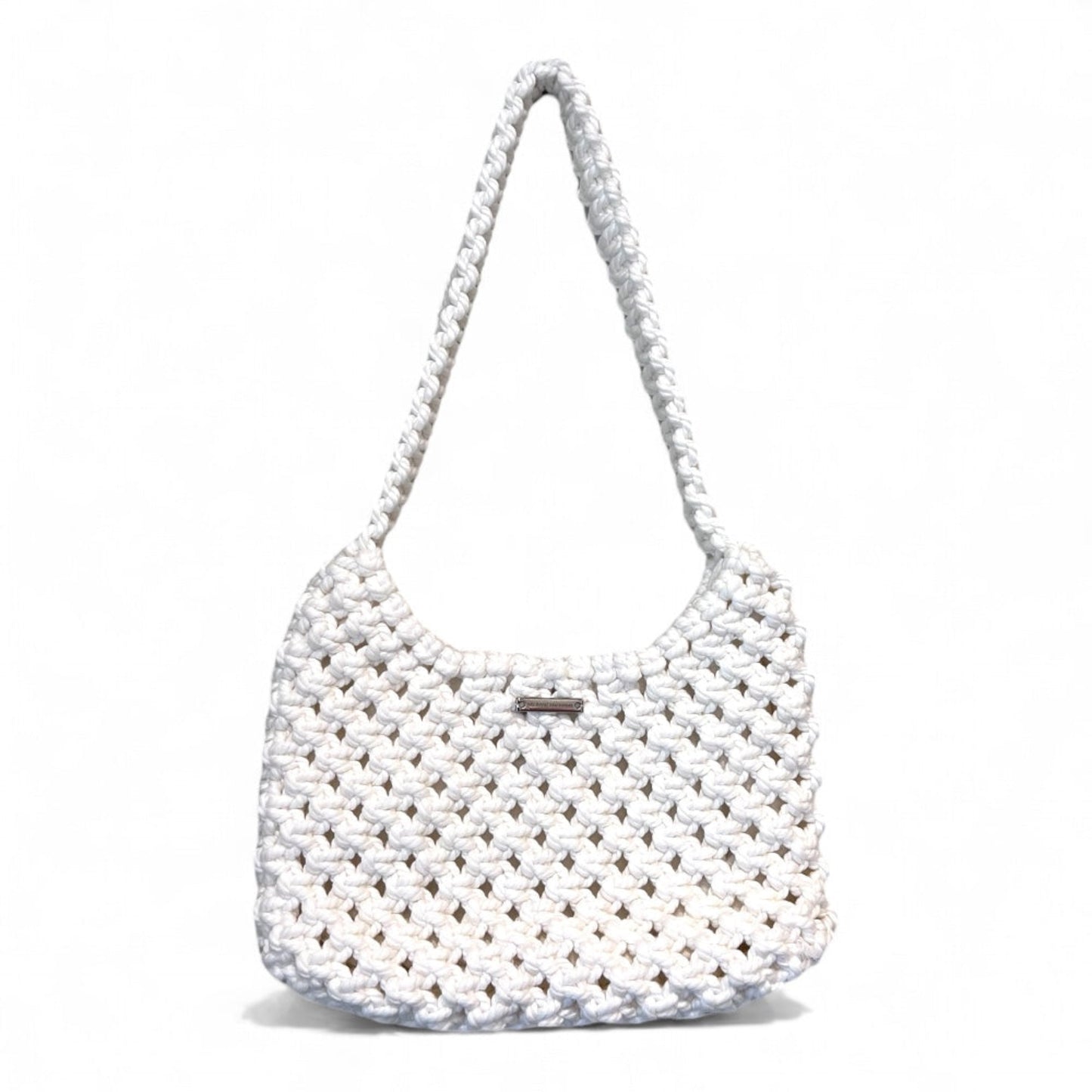 Ivory white macrame shoulder bag with handwoven texture on clean background