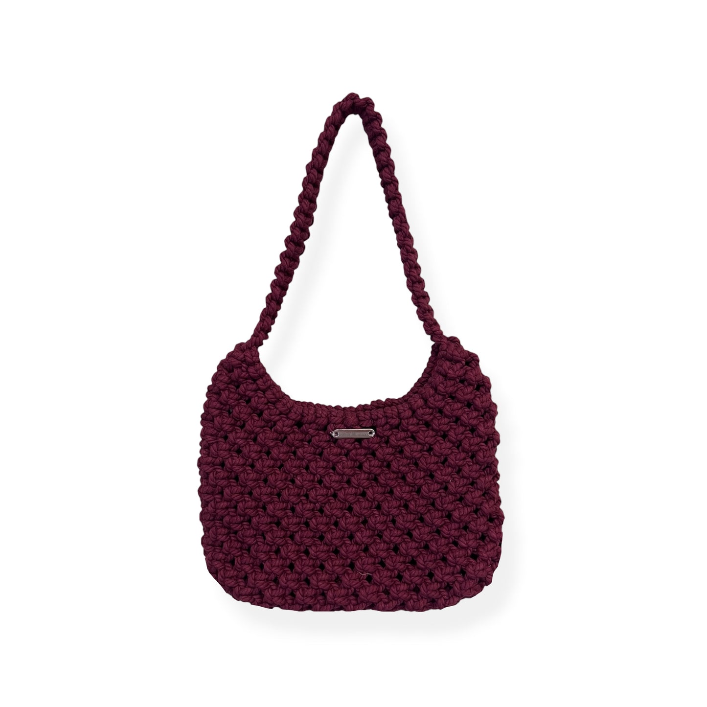 Handmade macrame half moon shoulder bag in merlot plum color with textured woven design