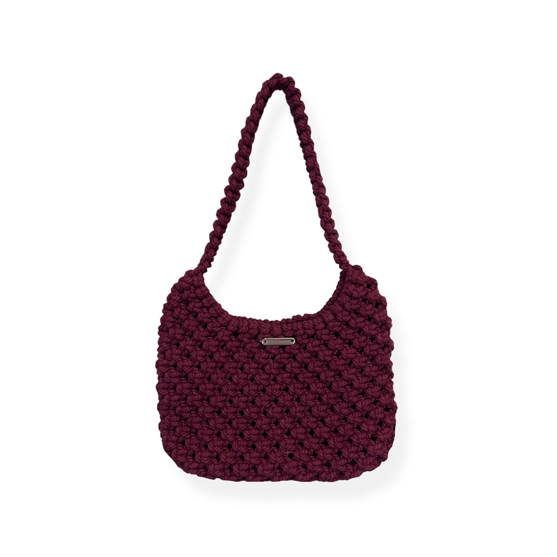 Handmade macrame half moon shoulder bag in merlot plum color with textured woven design
