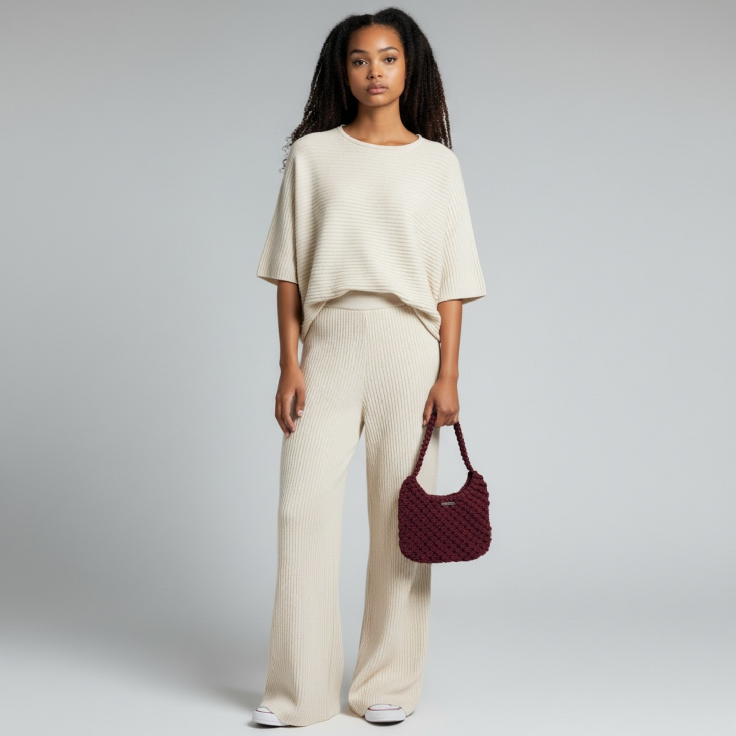 Merlot plum macrame half moon bag with thick woven texture and minimalist shape