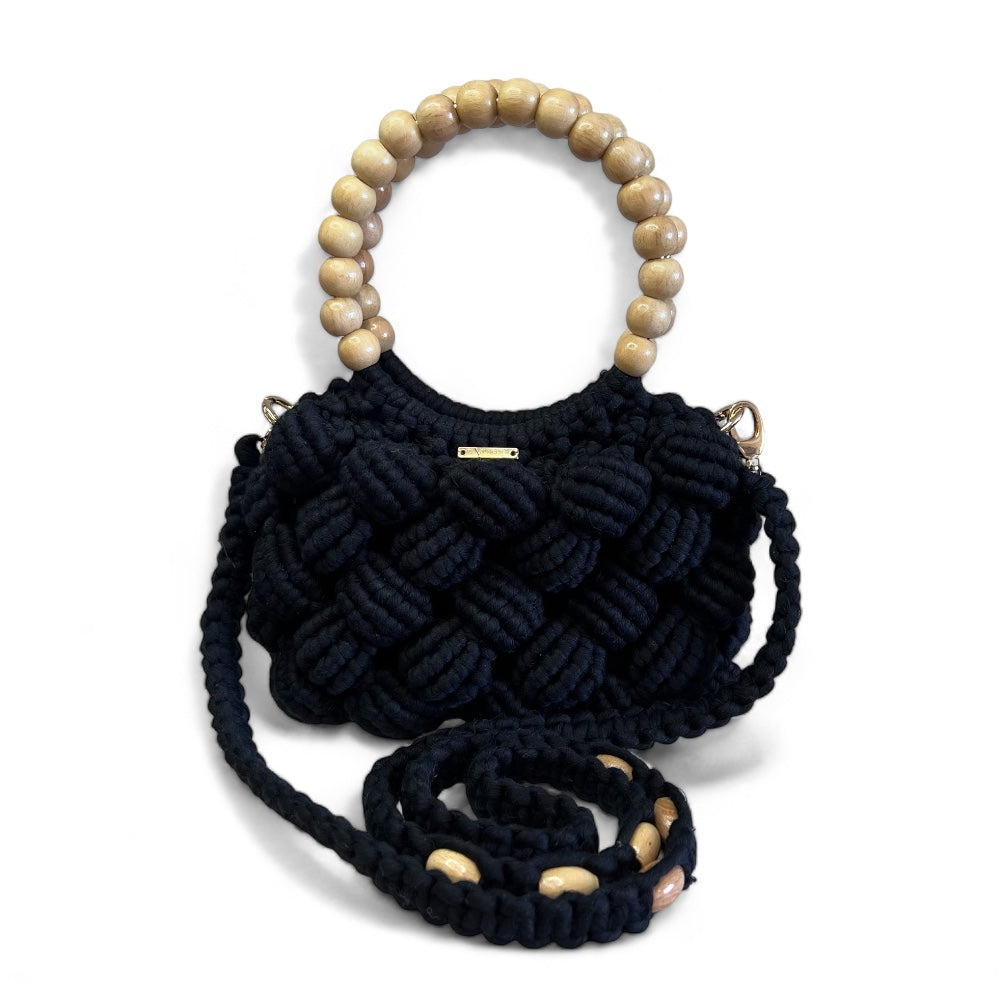 Sac à main et à bandoulière en macramé noir avec perles en coquillage