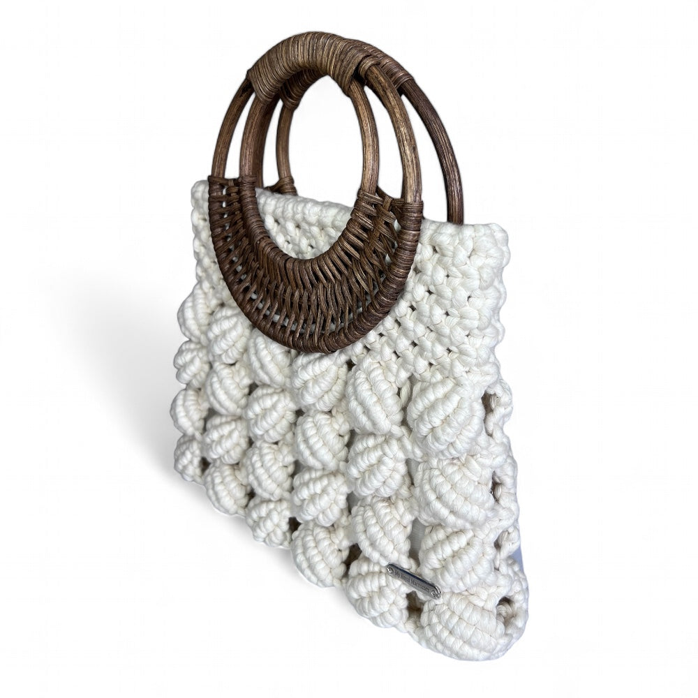 Macrame Ecru Bamboo Handle Shell Model Hand & Shoulder Bag