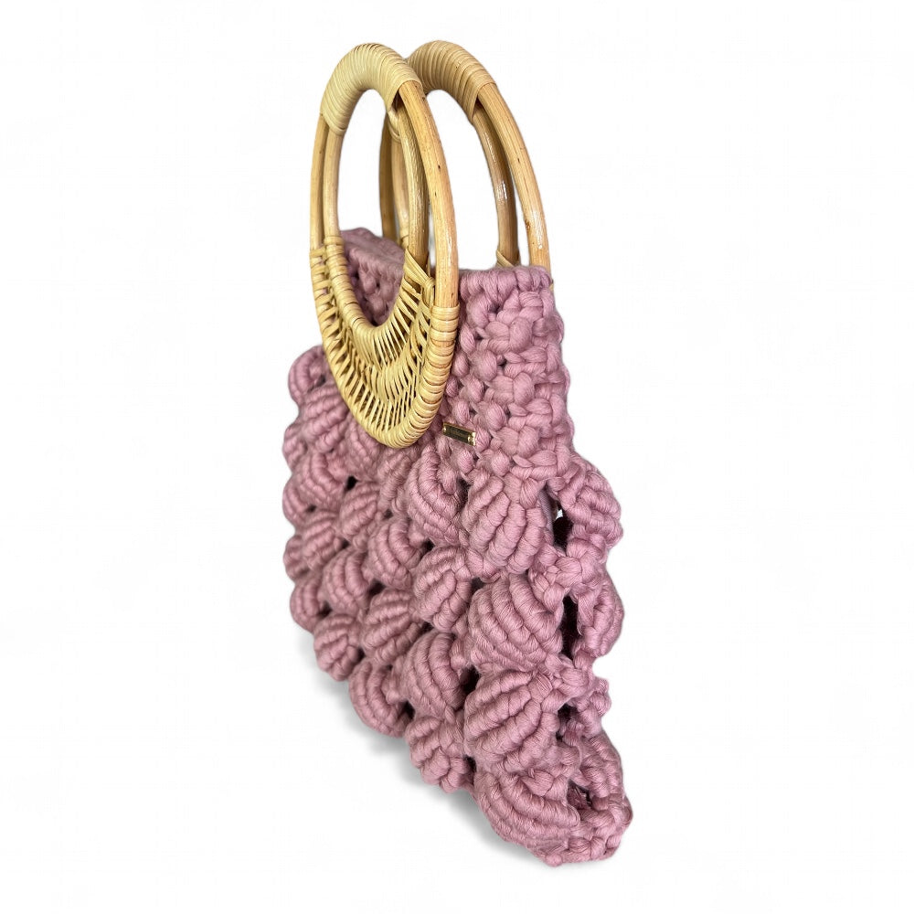 Macrame Dusty Rose Bamboo Handle Shell Model Handbag