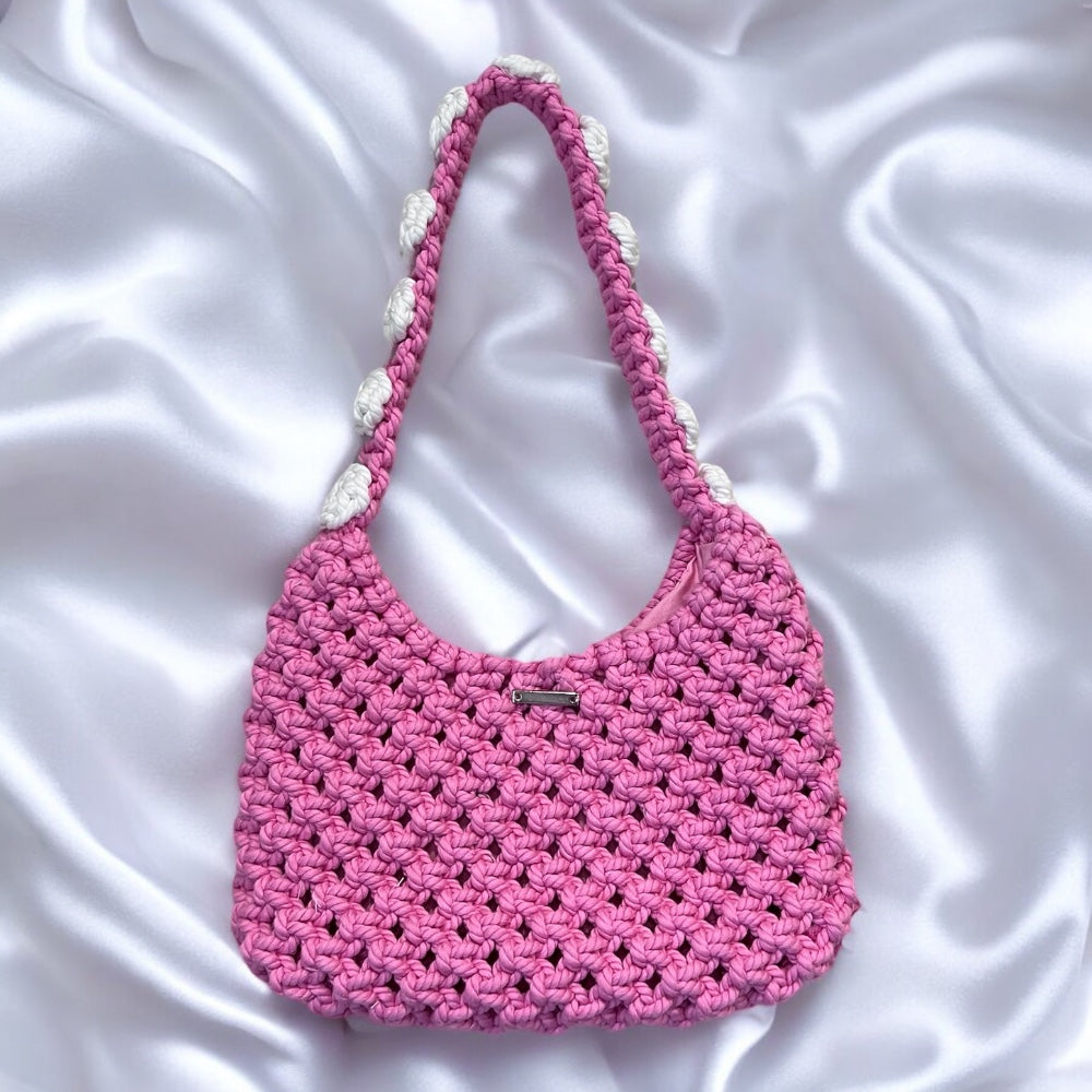 Pink & White Floral Macrame Shoulder Bag