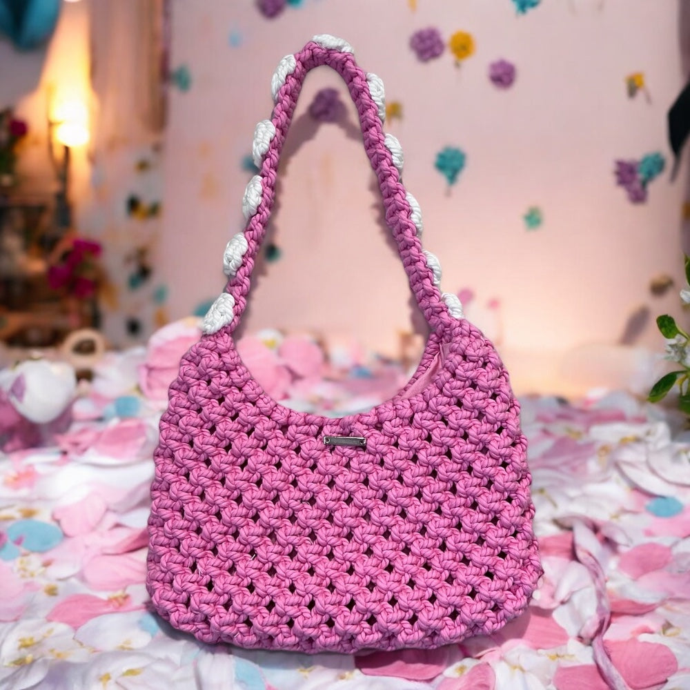 Pink & White Floral Macrame Shoulder Bag