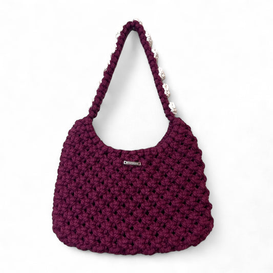 Burgundy - Ecru Floral Macrame Shoulder Bag