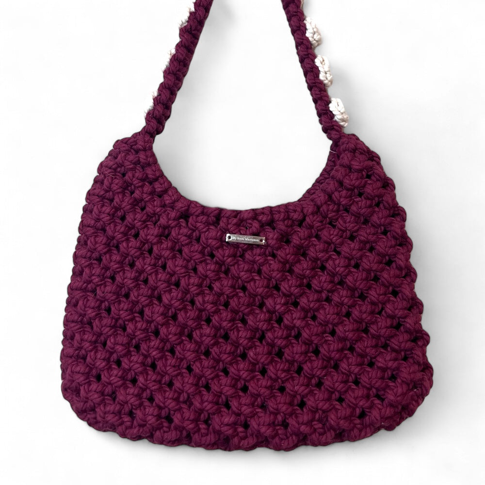 Burgundy - Ecru Floral Macrame Shoulder Bag