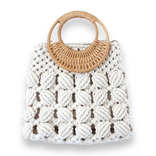 Macrame Ecru Bamboo Handle Shell Model Hand & Shoulder Bag