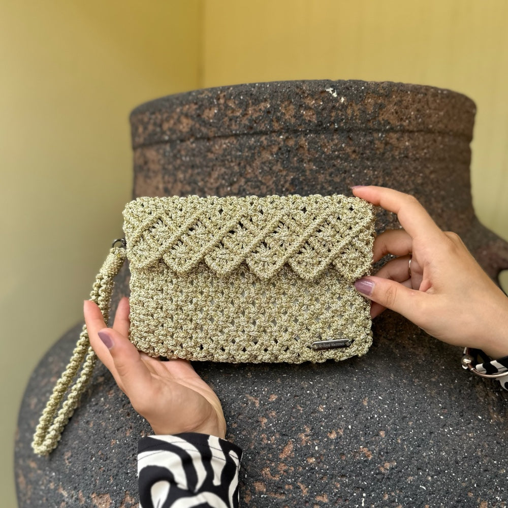 Gold Baklava Model Macrame Clutch Bag