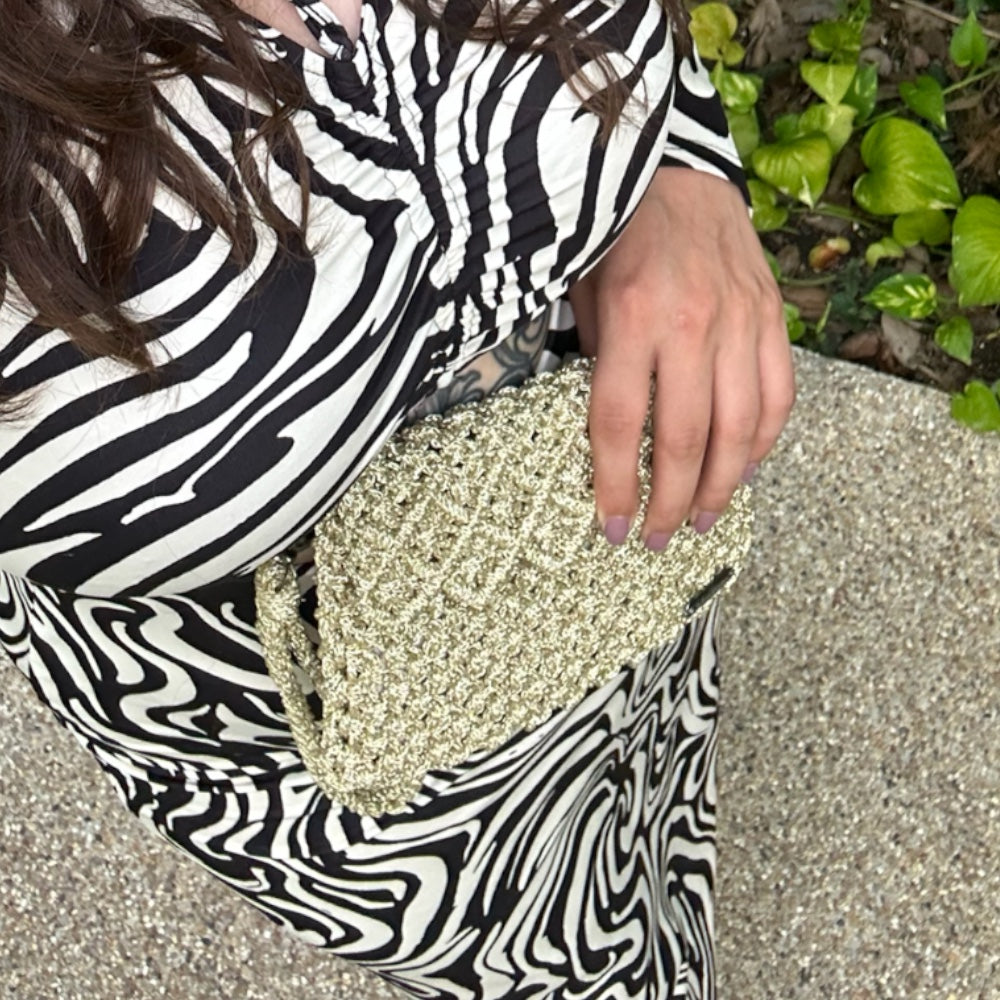 Gold Baklava Model Macrame Clutch Bag