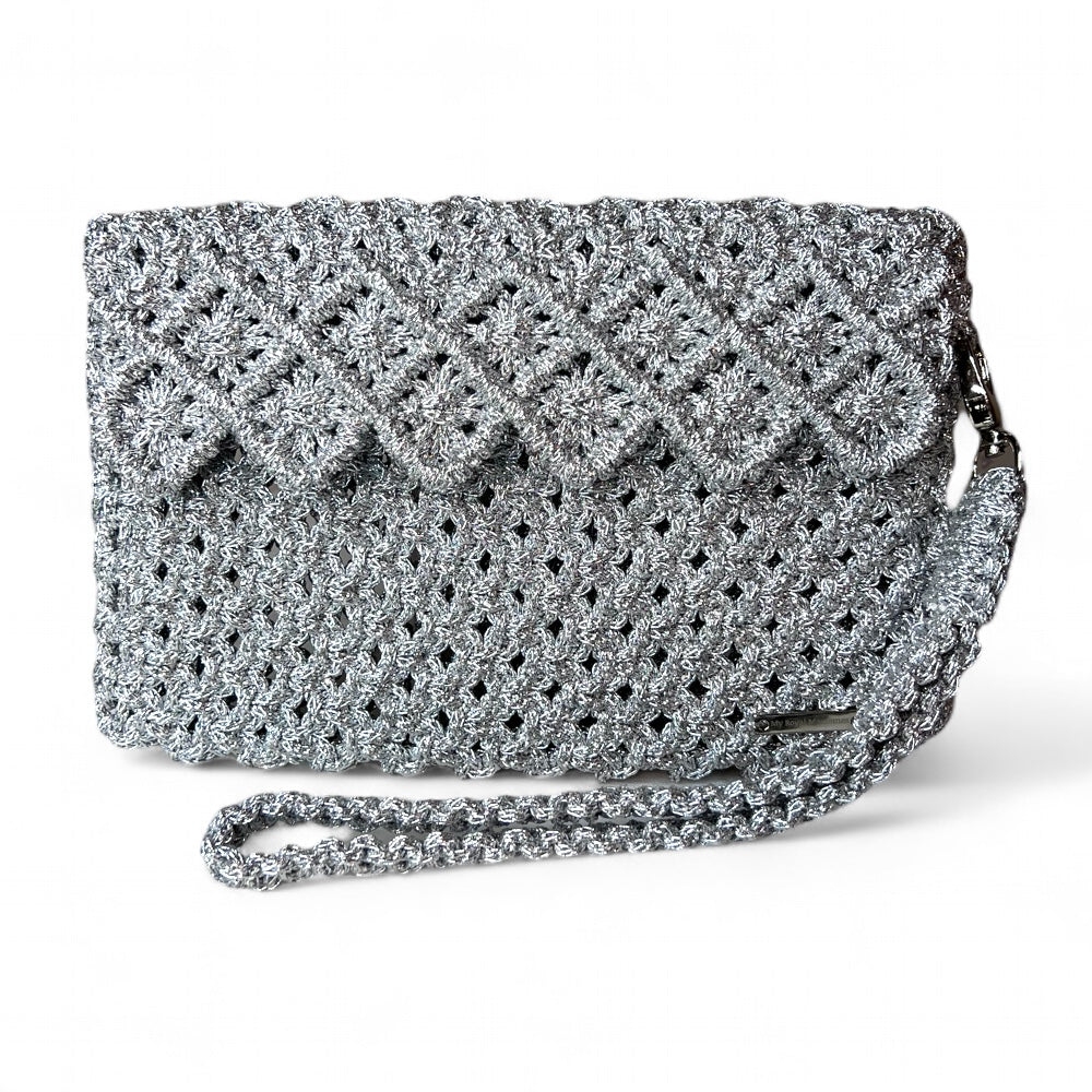 Silver Baklava Model Macrame Clutch Bag