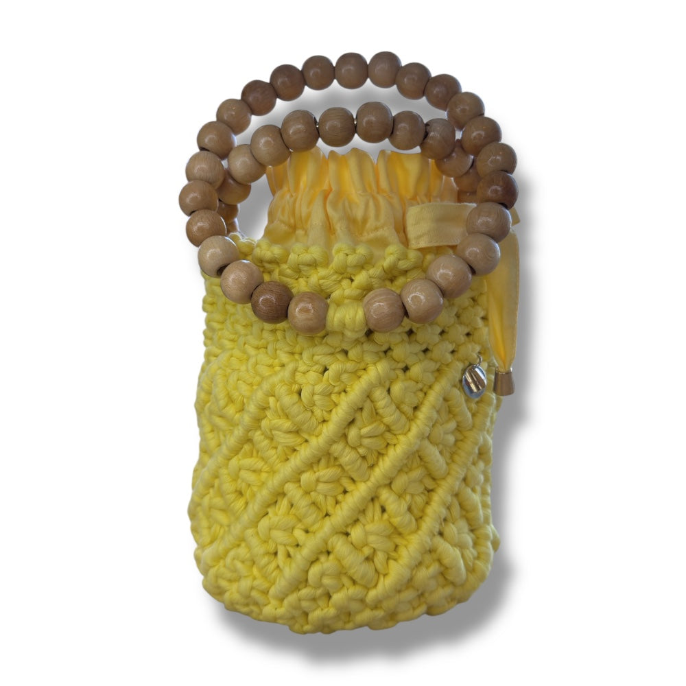 Yellow Bucket Model Macrame Beaded Handbag