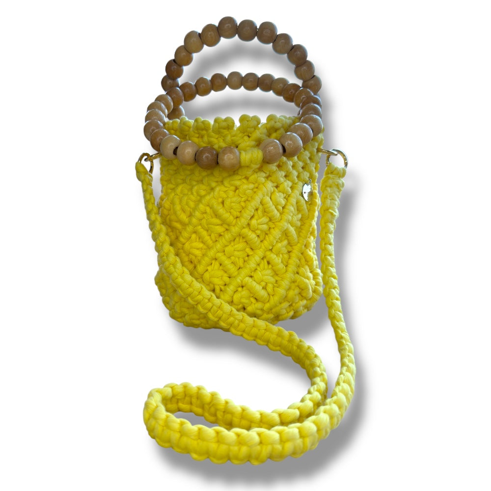 Yellow Bucket Model Macrame Beaded Handbag