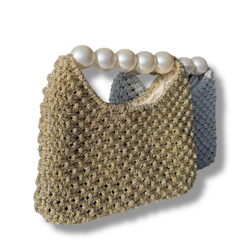 Gold Macrame Bag with Pearl Handle