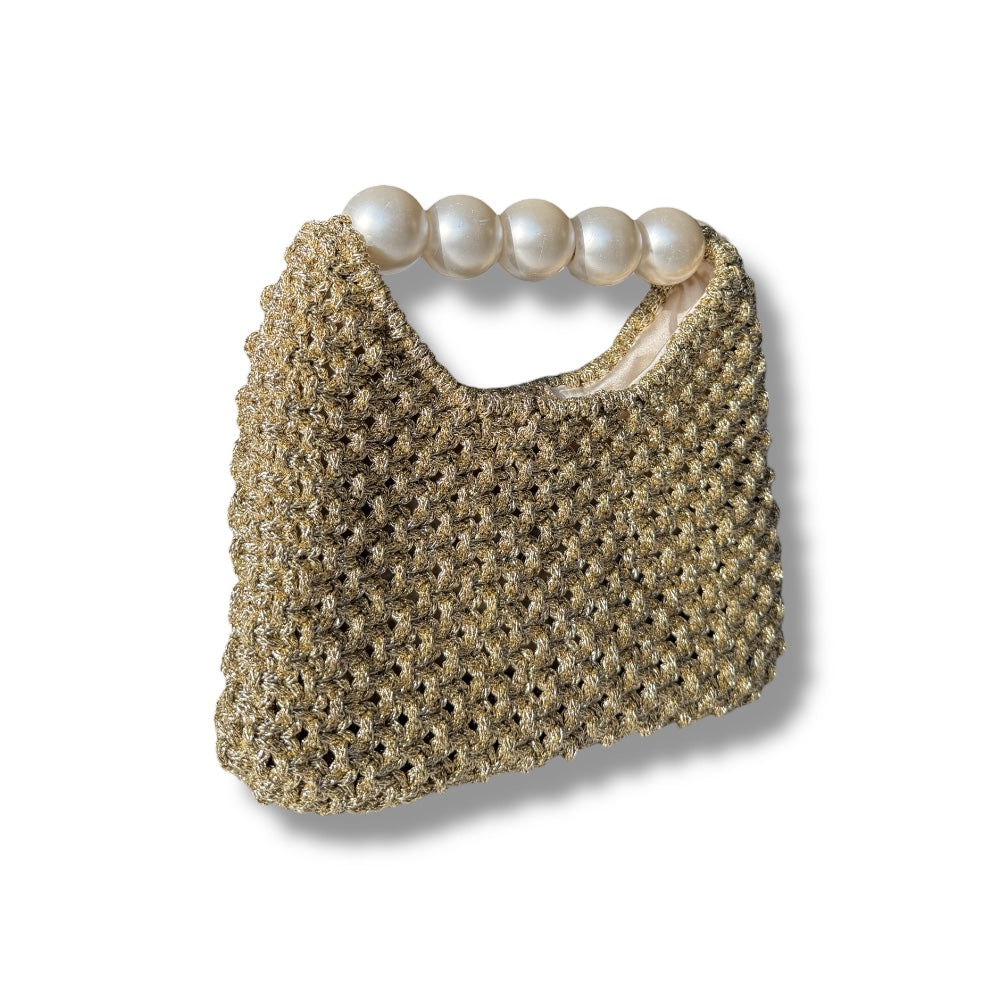 Gold Macrame Bag with Pearl Handle