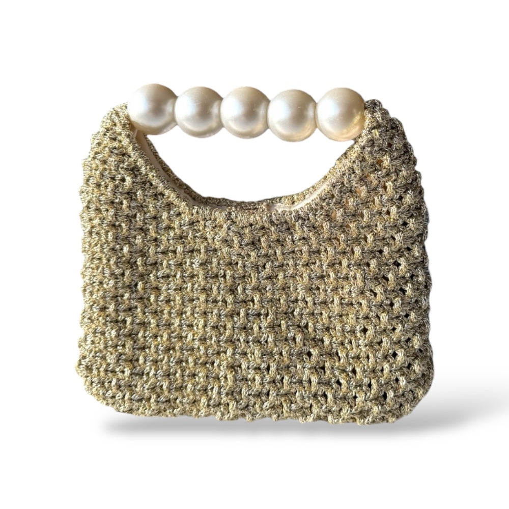 Gold Macrame Bag with Pearl Handle
