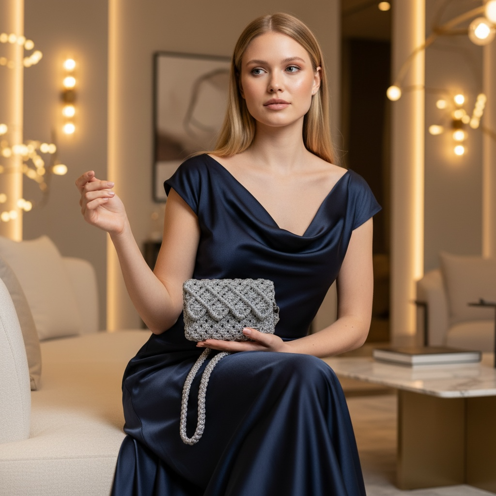 Silver Macrame Mini Clutch Bag – Handmade Evening Bag
