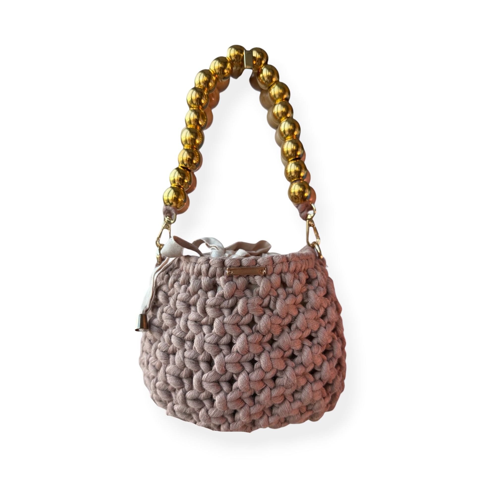 soft taupe bucket bag with gold beaded handle, luxury handcrafted handbag, neutral chic style